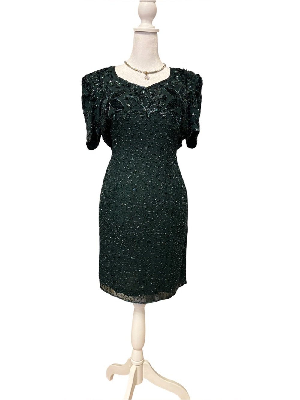 Stunning 100% Silk Sean Collection Elegant Dark Green Beaded Women’s Dress XS